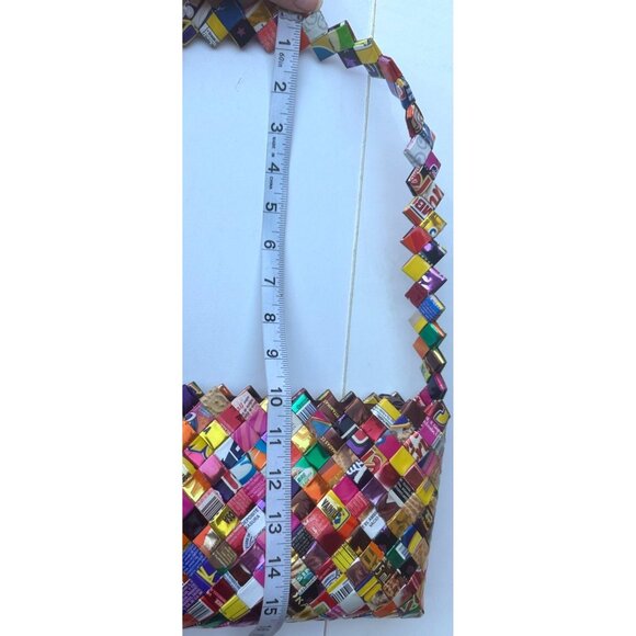 Novelty Pattern Candy Wrappers Multicolored Shoulder Purse 6.5" Tall - Picture 7 of 14